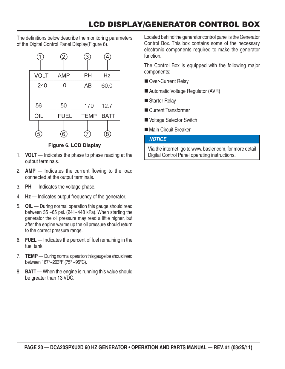Lcd display/generator control box | Multiquip DCA20SPXU2D User Manual | Page 20 / 74