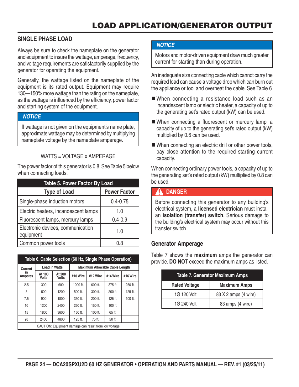 Load application/generator output, Single phase load, Generator amperage | Multiquip DCA20SPXU2D User Manual | Page 24 / 74