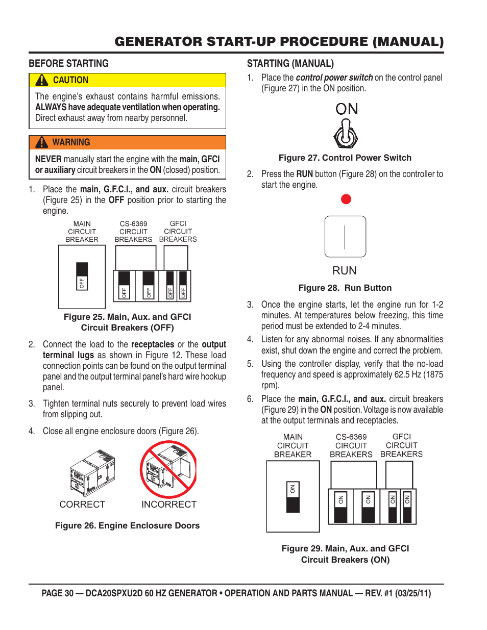 Generator start-up procedure (manual) | Multiquip DCA20SPXU2D User Manual | Page 30 / 74