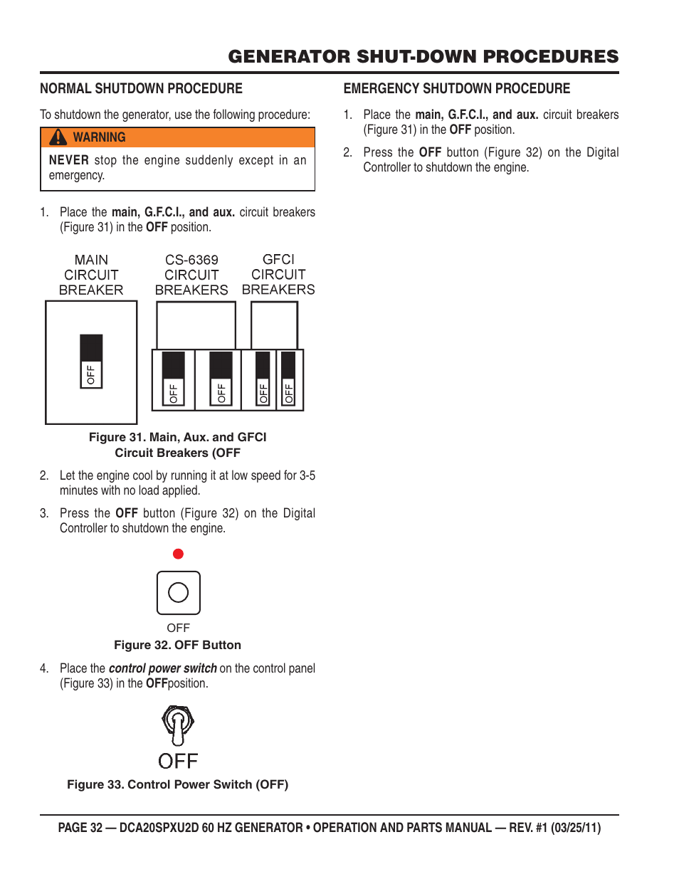 Generator shut-down procedures | Multiquip DCA20SPXU2D User Manual | Page 32 / 74