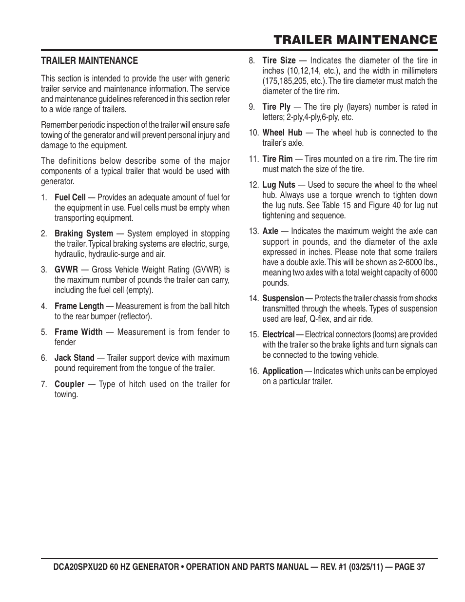 Trailer maintenance | Multiquip DCA20SPXU2D User Manual | Page 37 / 74