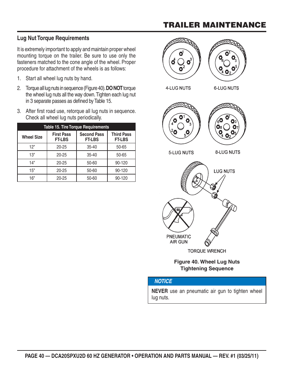 Trailer maintenance, Lug nut torque requirements | Multiquip DCA20SPXU2D User Manual | Page 40 / 74