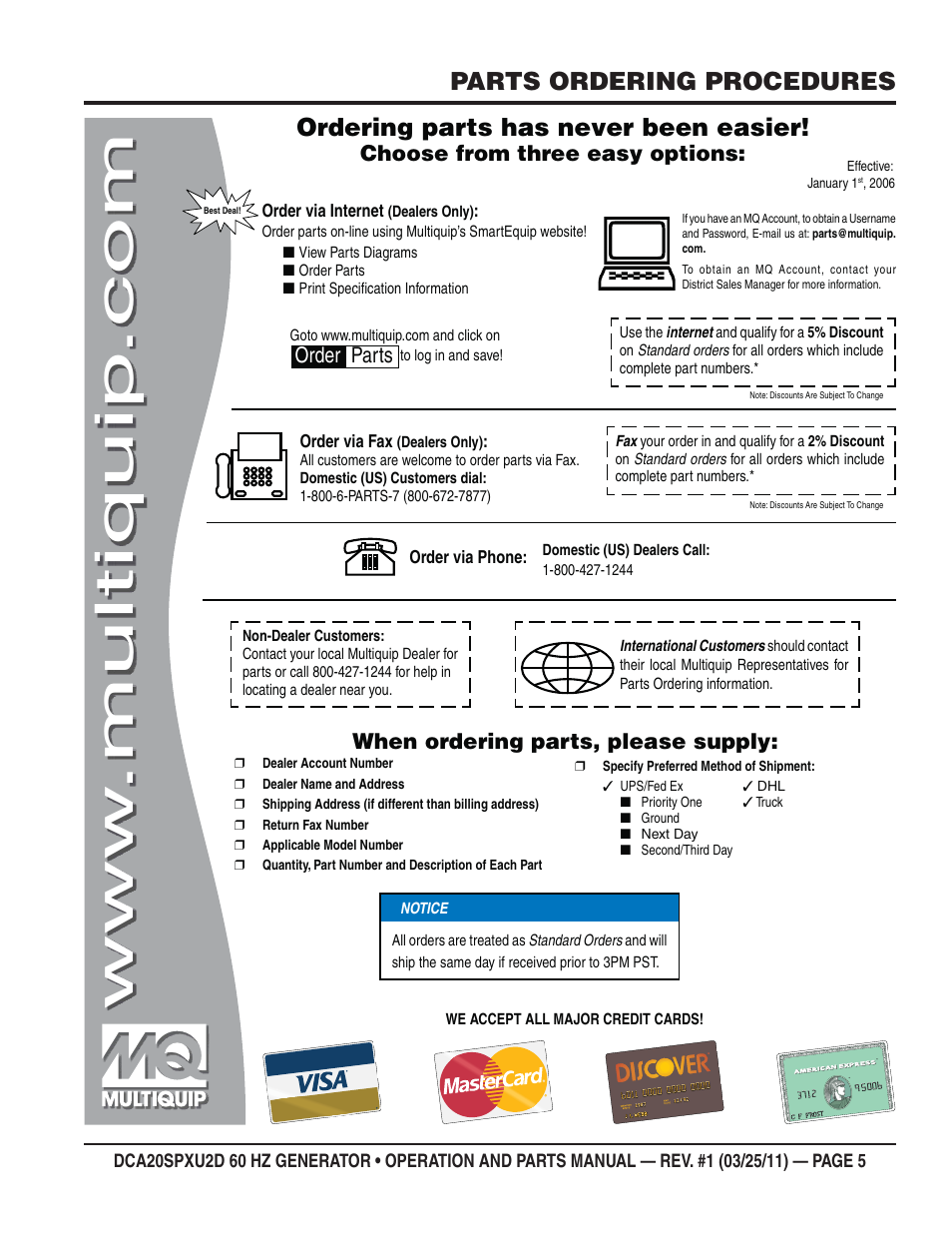 Parts ordering procedures, Ordering parts has never been easier, Choose from three easy options | When ordering parts, please supply, Order parts | Multiquip DCA20SPXU2D User Manual | Page 5 / 74