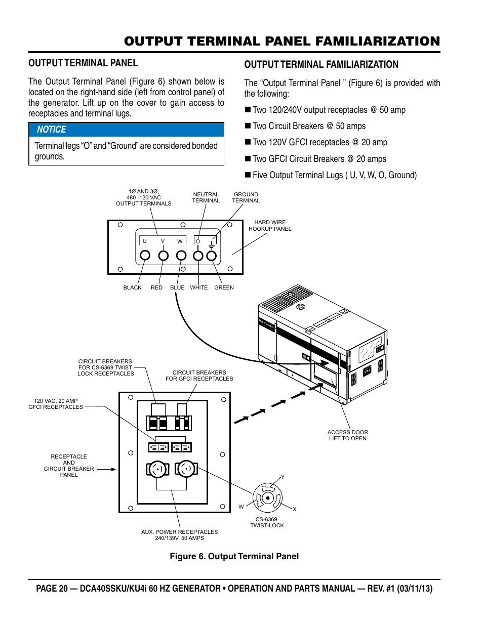 Output terminal panel familiarization, Output terminal panel, Output terminal familiarization | Figure 6. output terminal panel | Multiquip DCA40SSKU_KU4i User Manual | Page 20 / 78