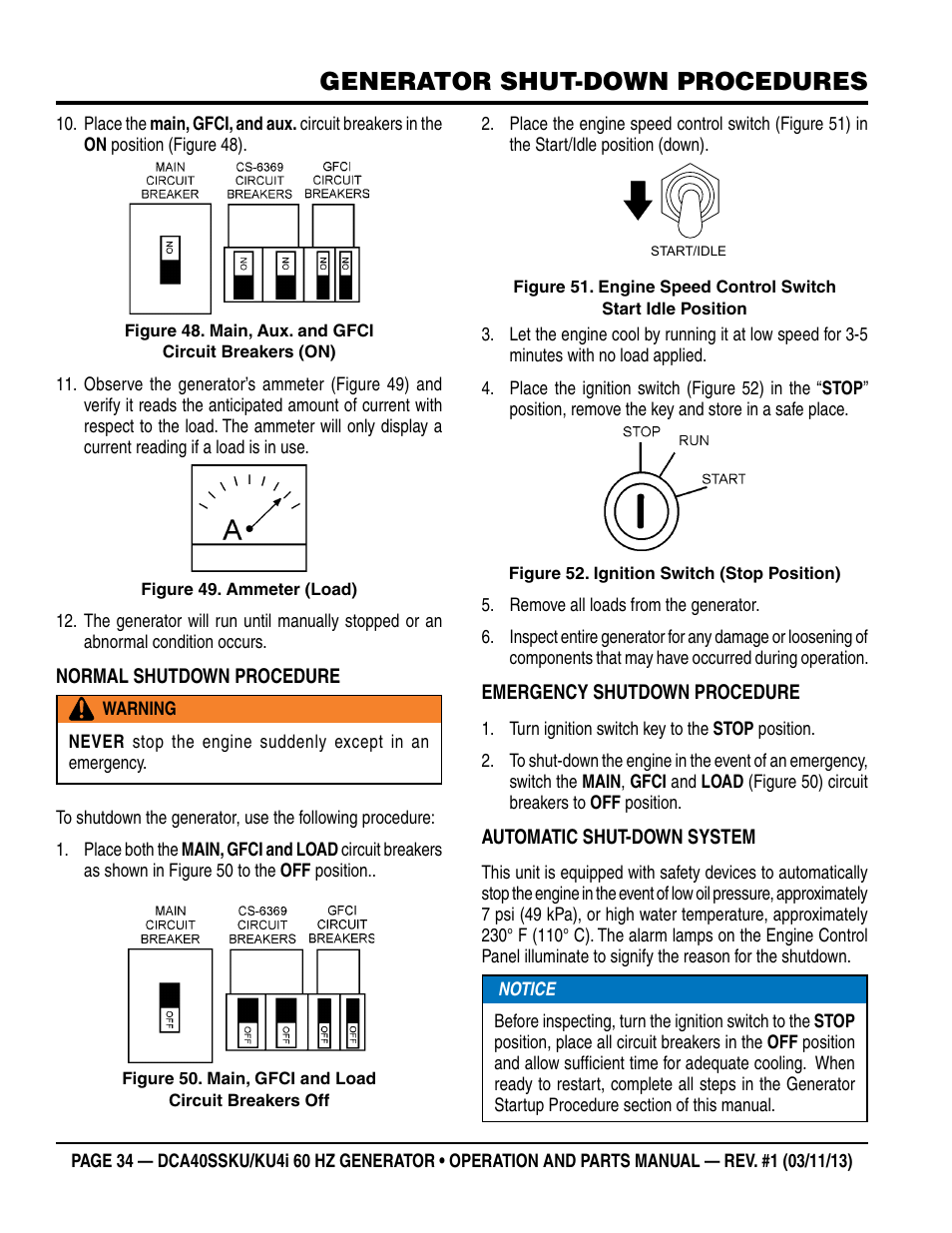 Generator shut-down procedures | Multiquip DCA40SSKU_KU4i User Manual | Page 34 / 78