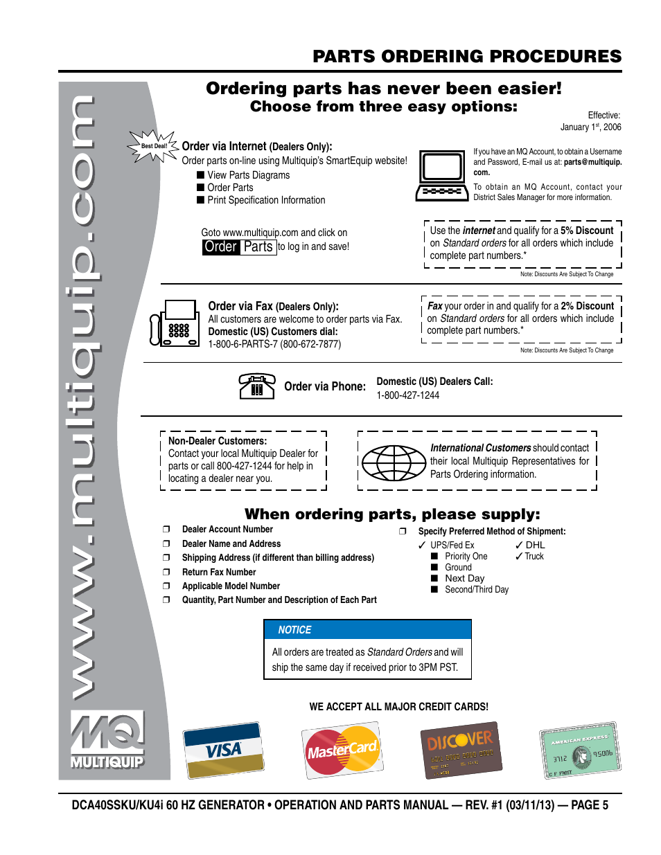 Parts ordering procedures, Ordering parts has never been easier, Choose from three easy options | When ordering parts, please supply, Order parts | Multiquip DCA40SSKU_KU4i User Manual | Page 5 / 78
