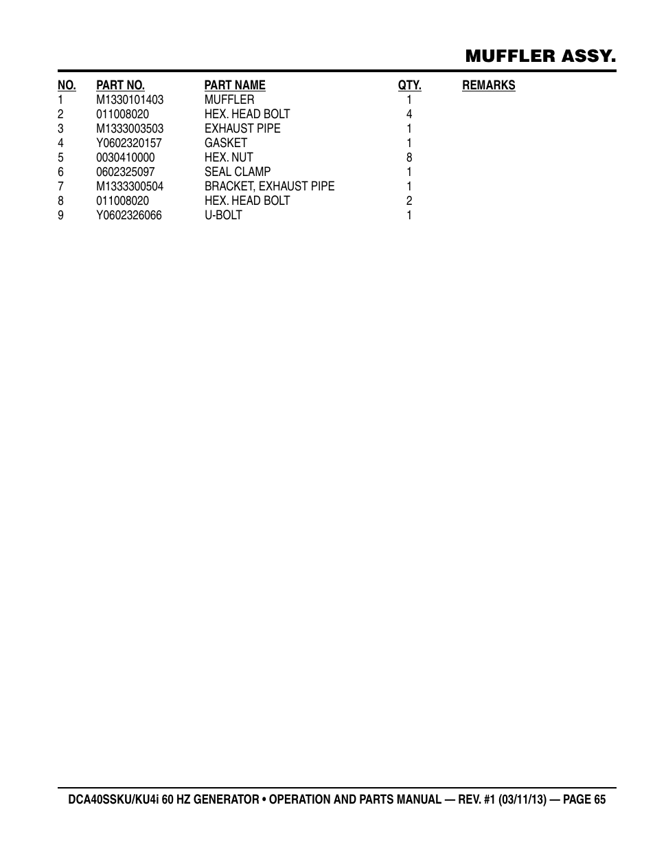Muffler assy | Multiquip DCA40SSKU_KU4i User Manual | Page 65 / 78