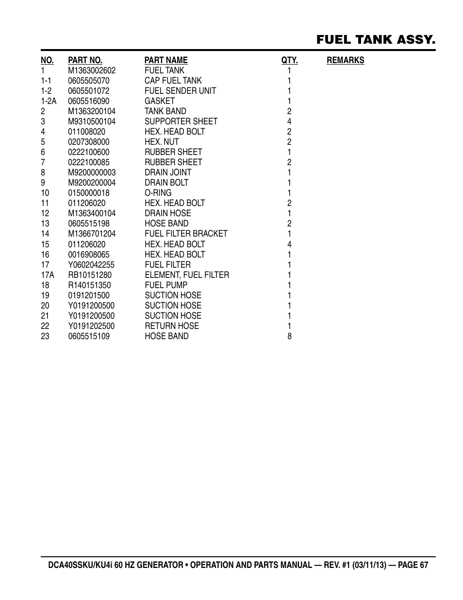 Fuel tank assy | Multiquip DCA40SSKU_KU4i User Manual | Page 67 / 78