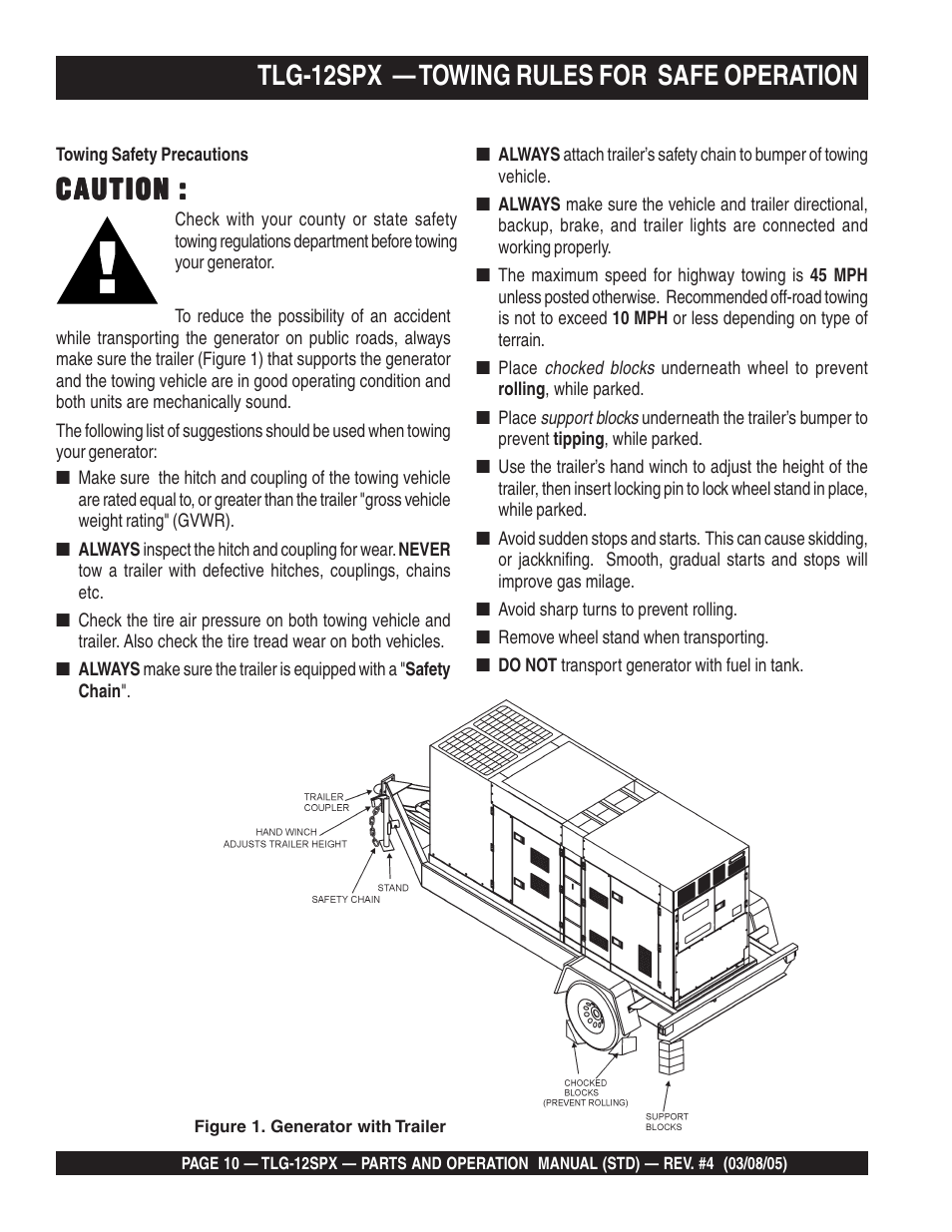 Caution, Tlg-12spx — towing rules for safe operation | Multiquip TLG12SPX User Manual | Page 10 / 126