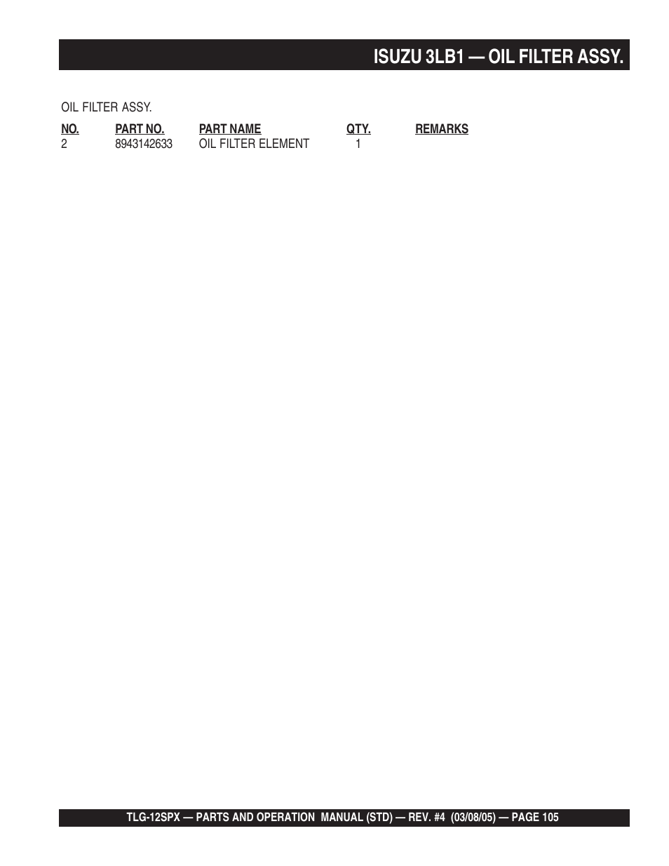 Isuzu 3lb1 — oil filter assy | Multiquip TLG12SPX User Manual | Page 105 / 126