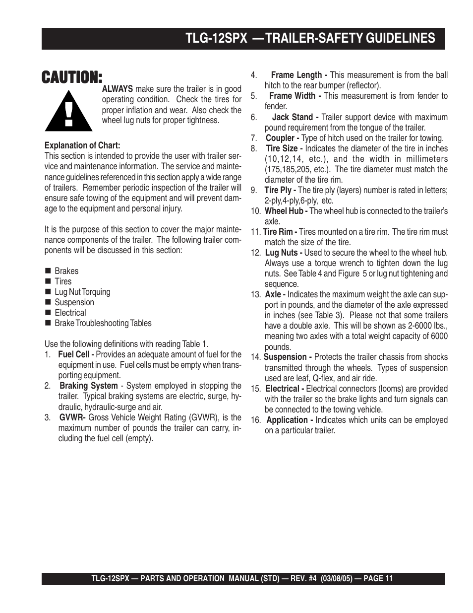 Caution, Tlg-12spx — trailer-safety guidelines | Multiquip TLG12SPX User Manual | Page 11 / 126