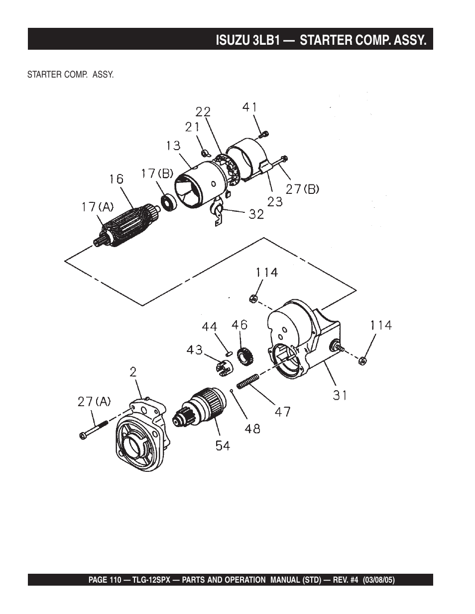 Isuzu 3lb1 — starter comp. assy | Multiquip TLG12SPX User Manual | Page 110 / 126