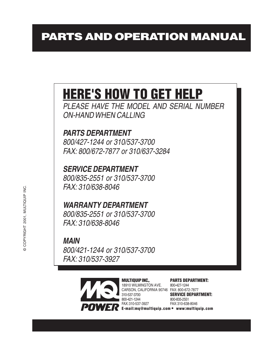 Here's how to get help, Parts and operation manual | Multiquip TLG12SPX User Manual | Page 126 / 126