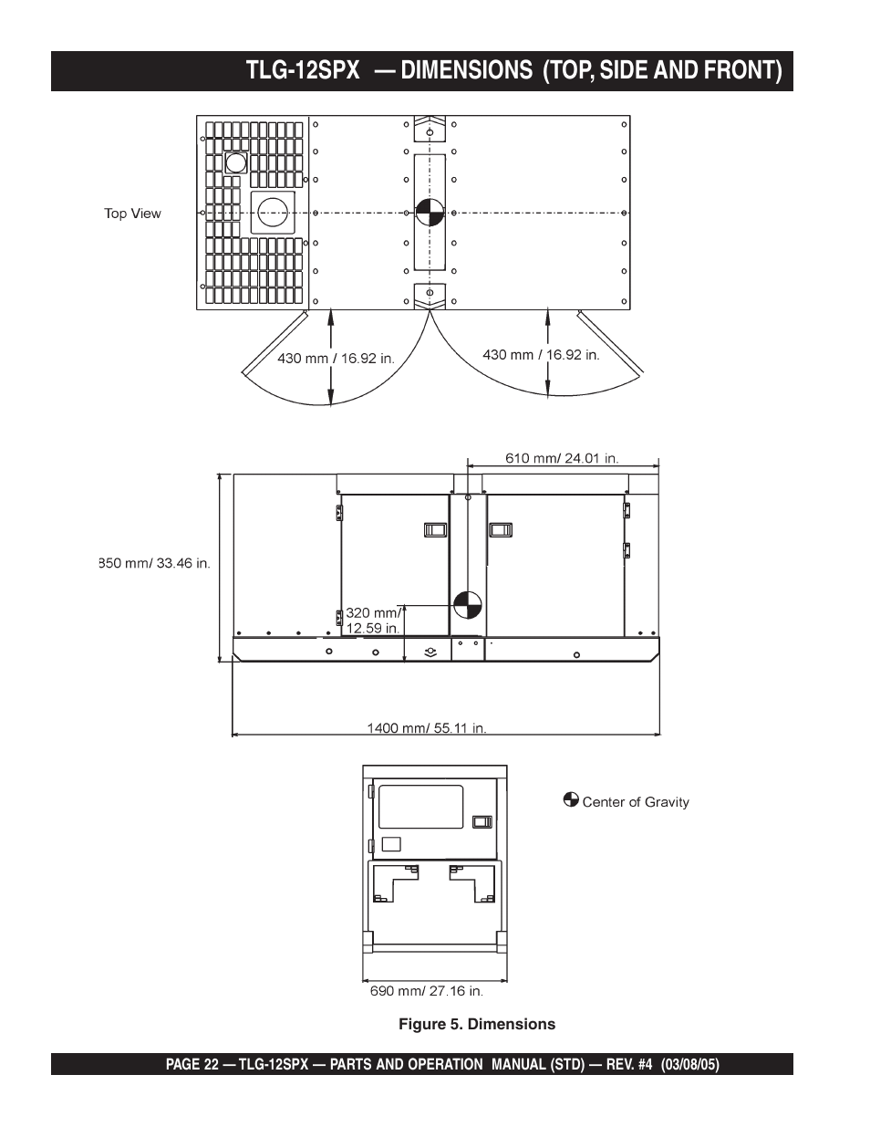 Tlg-12spx — dimensions (top, side and front) | Multiquip TLG12SPX User Manual | Page 22 / 126