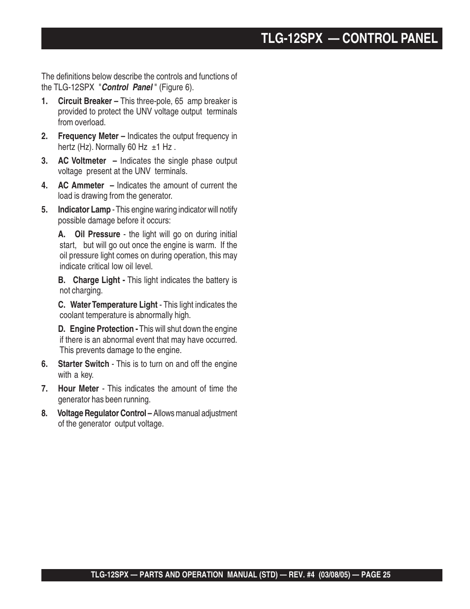 Tlg-12spx — control panel | Multiquip TLG12SPX User Manual | Page 25 / 126