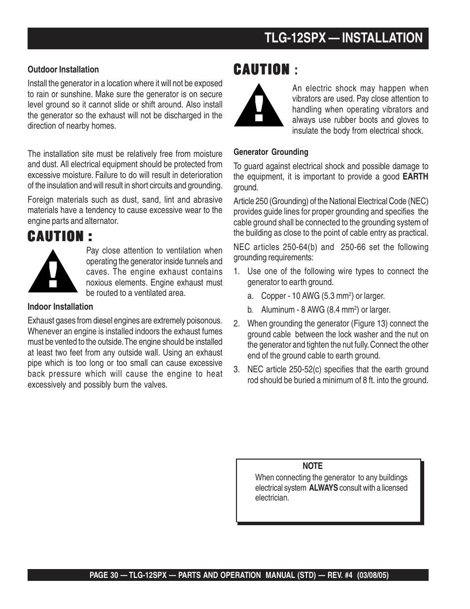 Caution, Caution caution, Tlg-12spx — installation | Multiquip TLG12SPX User Manual | Page 30 / 126