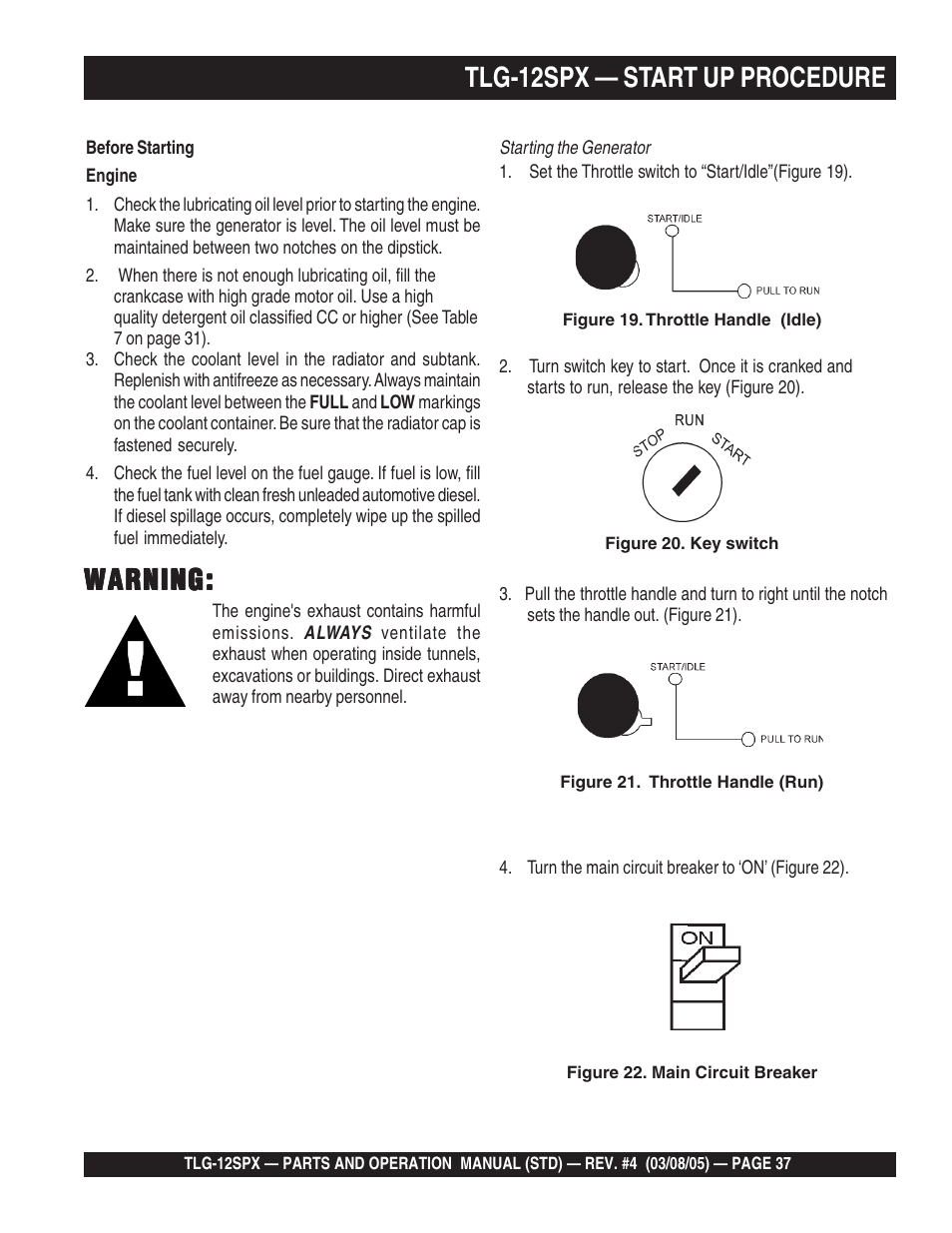 Tlg-12spx — start up procedure, Warning | Multiquip TLG12SPX User Manual | Page 37 / 126