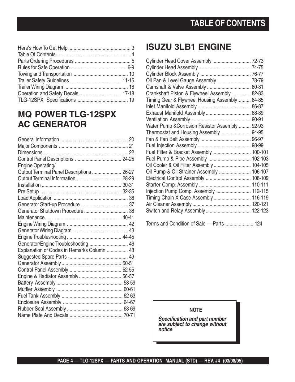 Multiquip TLG12SPX User Manual | Page 4 / 126