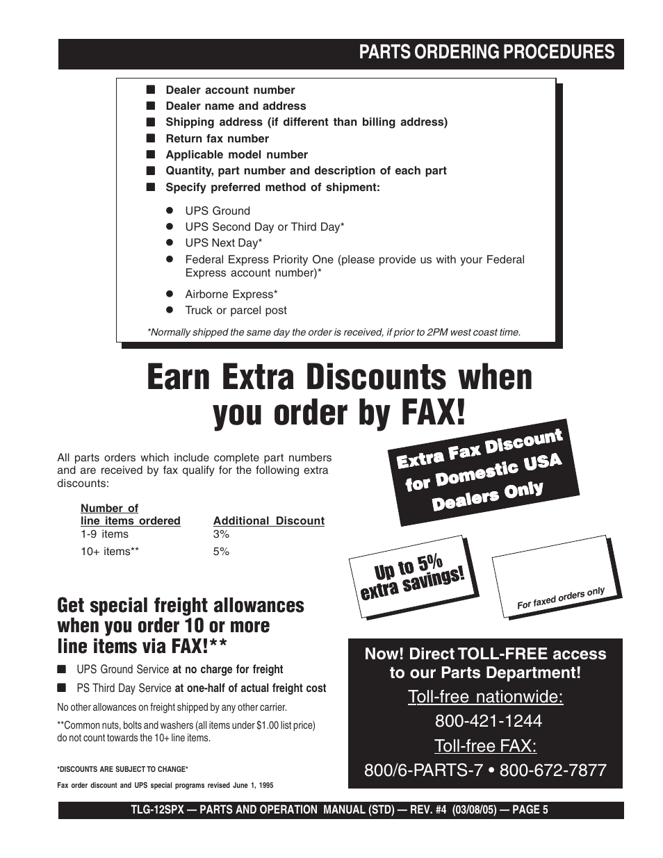 Earn extra discounts when you order by fax, Ups special | Multiquip TLG12SPX User Manual | Page 5 / 126