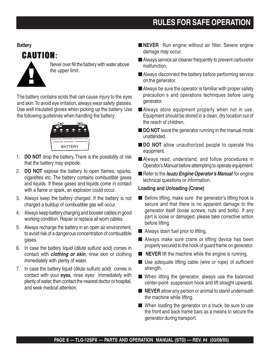 Rules for safe operation, Caution, Caution caution | Multiquip TLG12SPX User Manual | Page 8 / 126