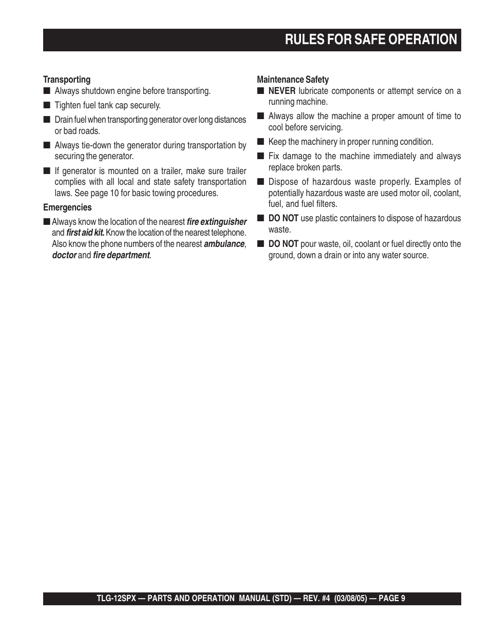 Rules for safe operation | Multiquip TLG12SPX User Manual | Page 9 / 126