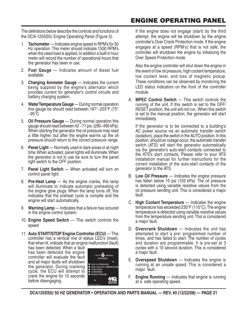 Engine operating panel | Multiquip DCA125SSIU User Manual | Page 21 / 88