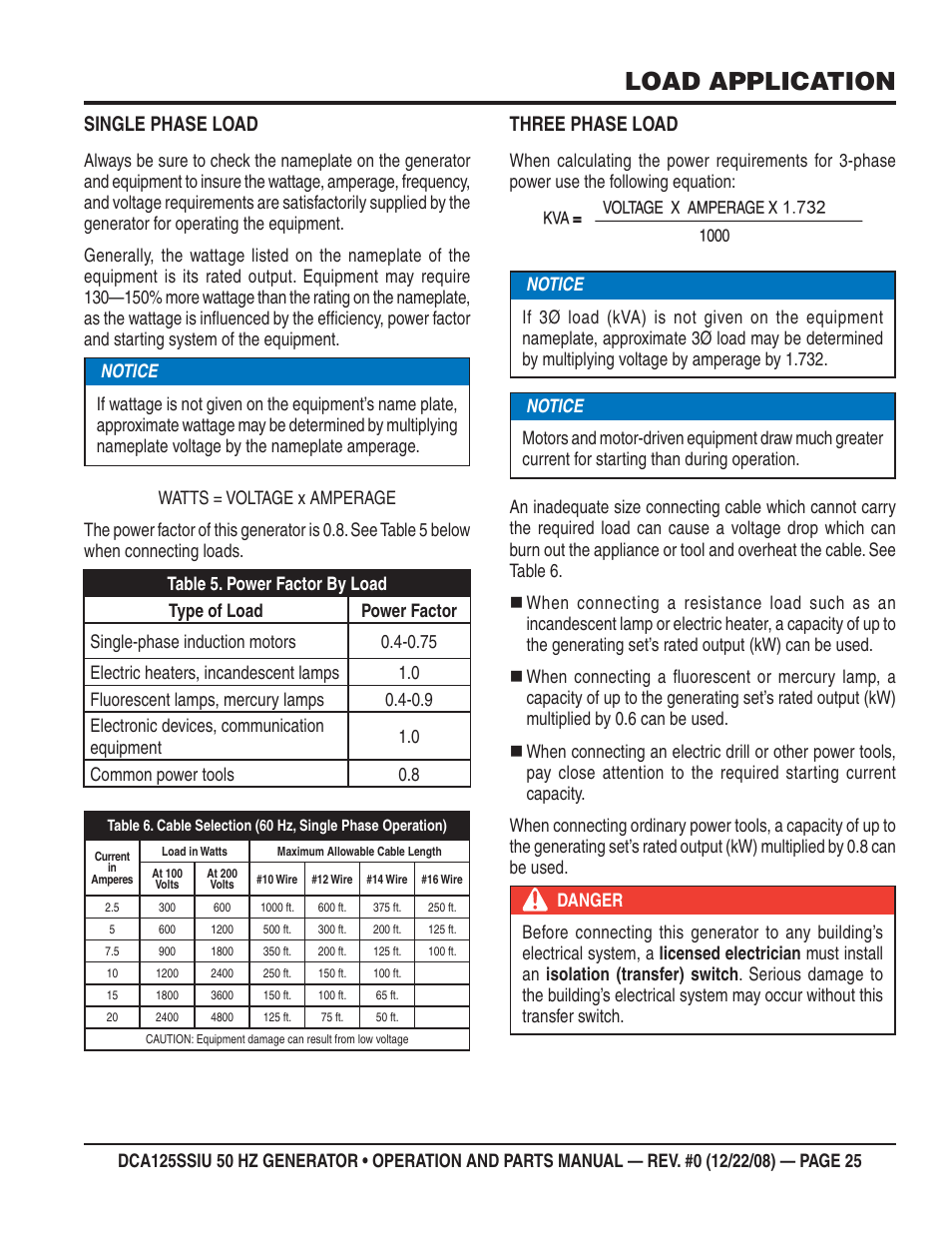 Load application, Single phase load, Three phase load | Multiquip DCA125SSIU User Manual | Page 25 / 88