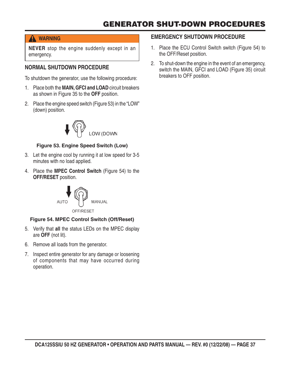 Generator shut-down procedures | Multiquip DCA125SSIU User Manual | Page 37 / 88