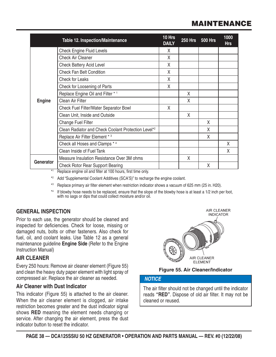 Maintenance, General inspection, Air cleaner | Air cleaner with dust indicator | Multiquip DCA125SSIU User Manual | Page 38 / 88