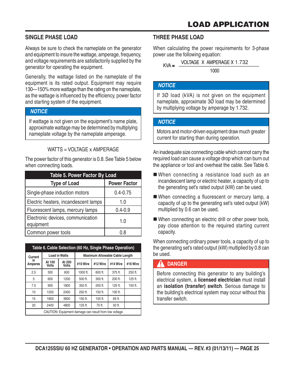 Load application, Single phase load, Three phase load | Multiquip DCA125SSIU User Manual | Page 25 / 90