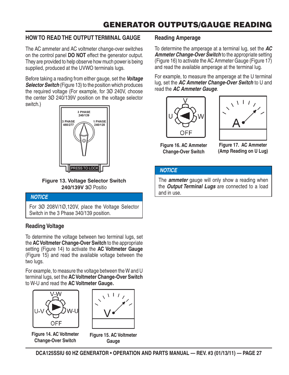 Generator outputs/gauge reading | Multiquip DCA125SSIU User Manual | Page 27 / 90