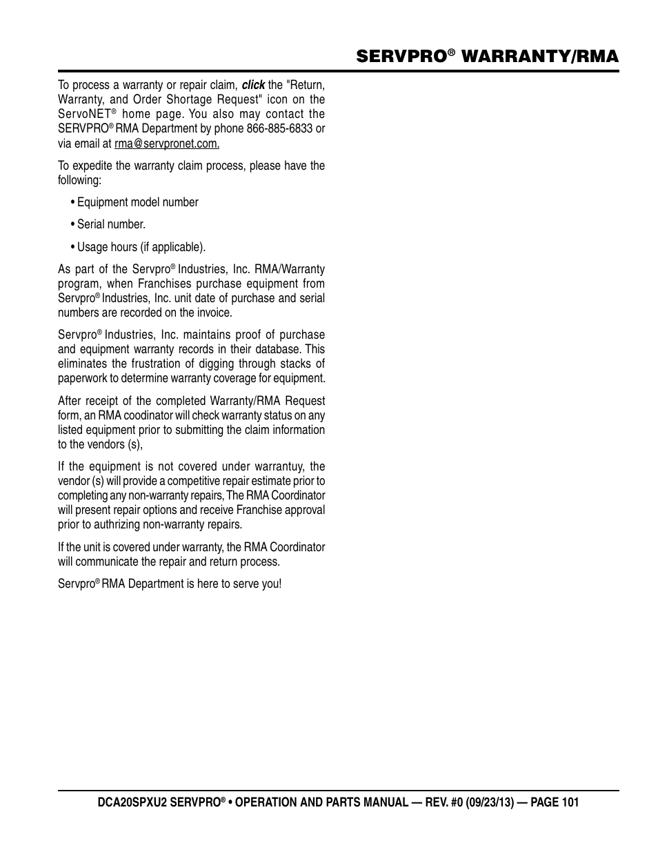 Servpro, Warranty/rma | Multiquip DCA20SPXU2 User Manual | Page 101 / 102