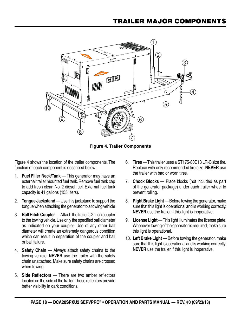 Trailer major components | Multiquip DCA20SPXU2 User Manual | Page 18 / 102