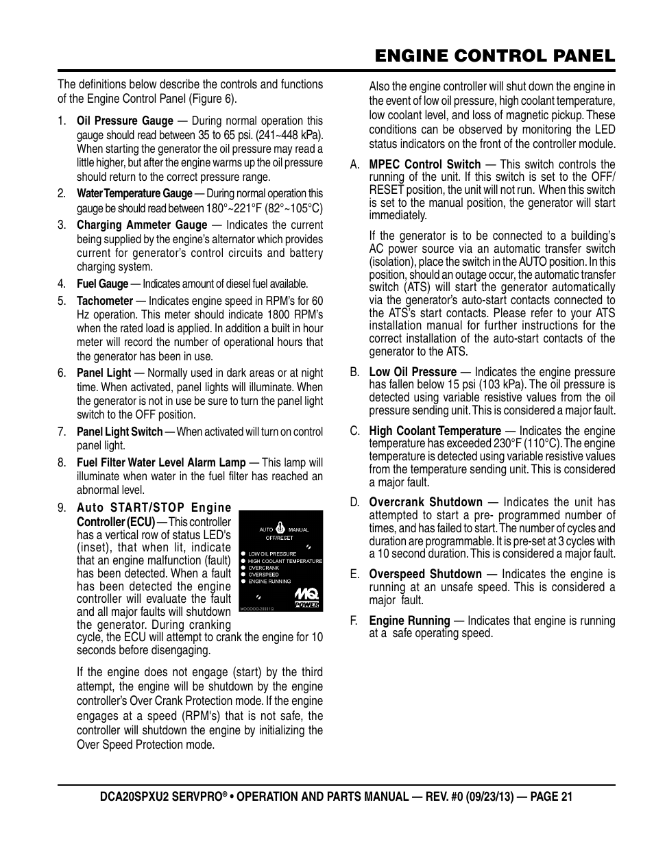 Engine control panel | Multiquip DCA20SPXU2 User Manual | Page 21 / 102