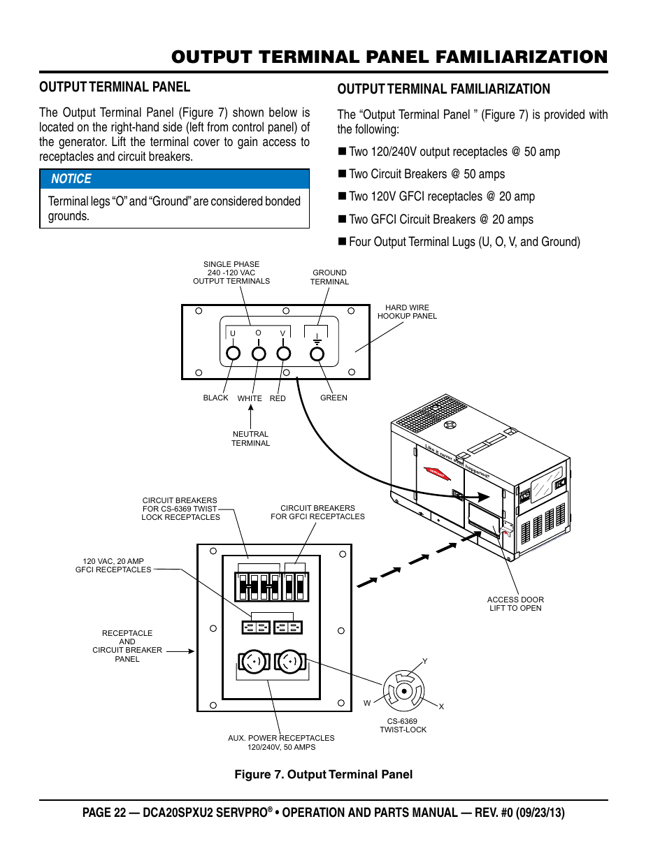 Output terminal panel familiarization, Output terminal panel, Output terminal familiarization | Figure 7. output terminal panel | Multiquip DCA20SPXU2 User Manual | Page 22 / 102