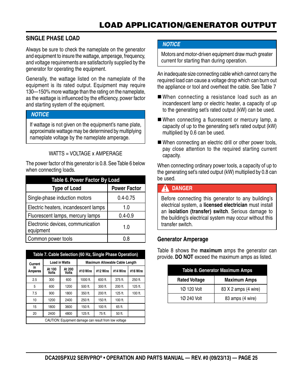 Load application/generator output, Single phase load, Generator amperage | Multiquip DCA20SPXU2 User Manual | Page 25 / 102