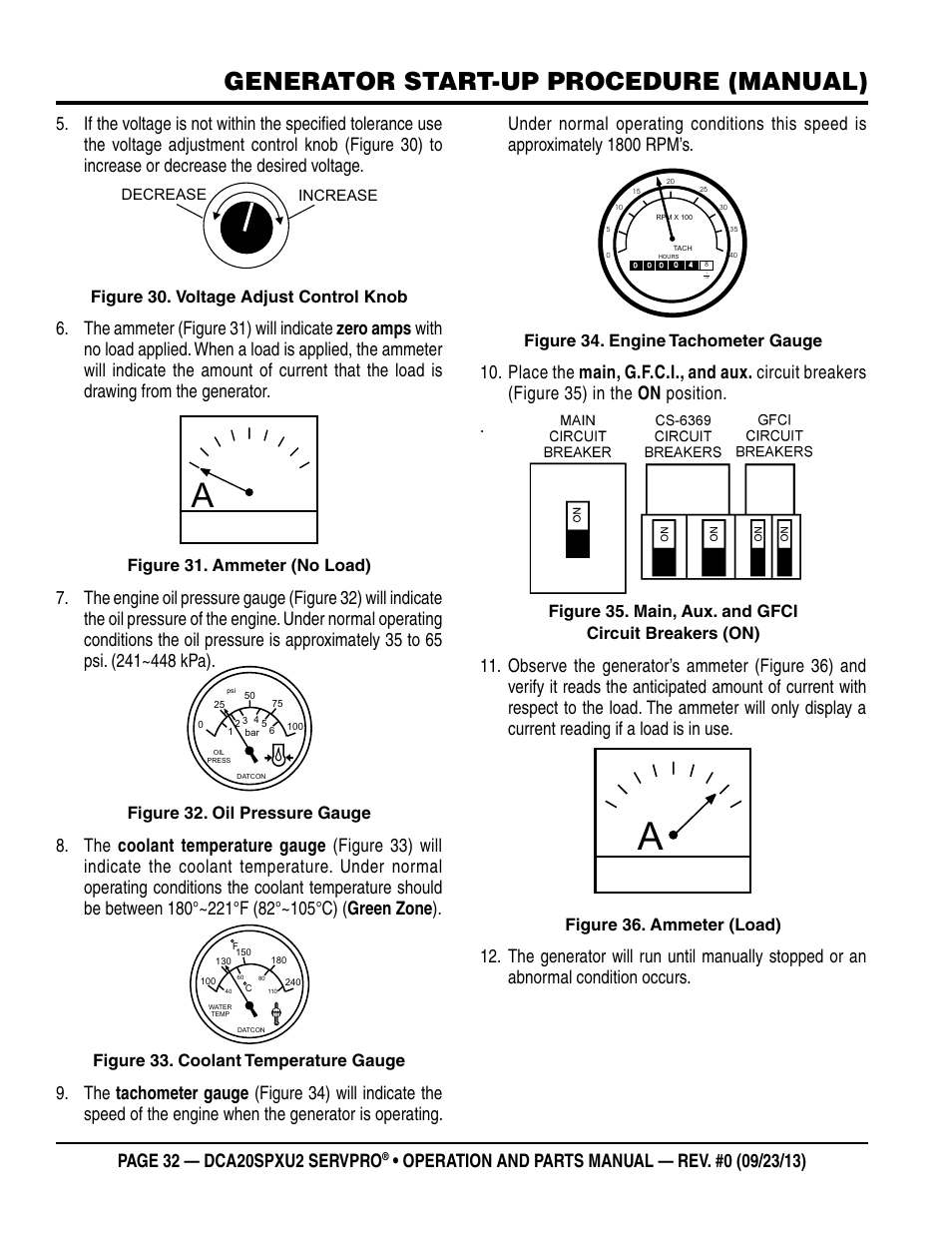 Generator start-up procedure (manual), Figure 30. voltage adjust control knob, Figure 31. ammeter (no load) | Figure 32. oil pressure gauge, Figure 33. coolant temperature gauge, Figure 34. engine tachometer gauge, Figure 36. ammeter (load) | Multiquip DCA20SPXU2 User Manual | Page 32 / 102