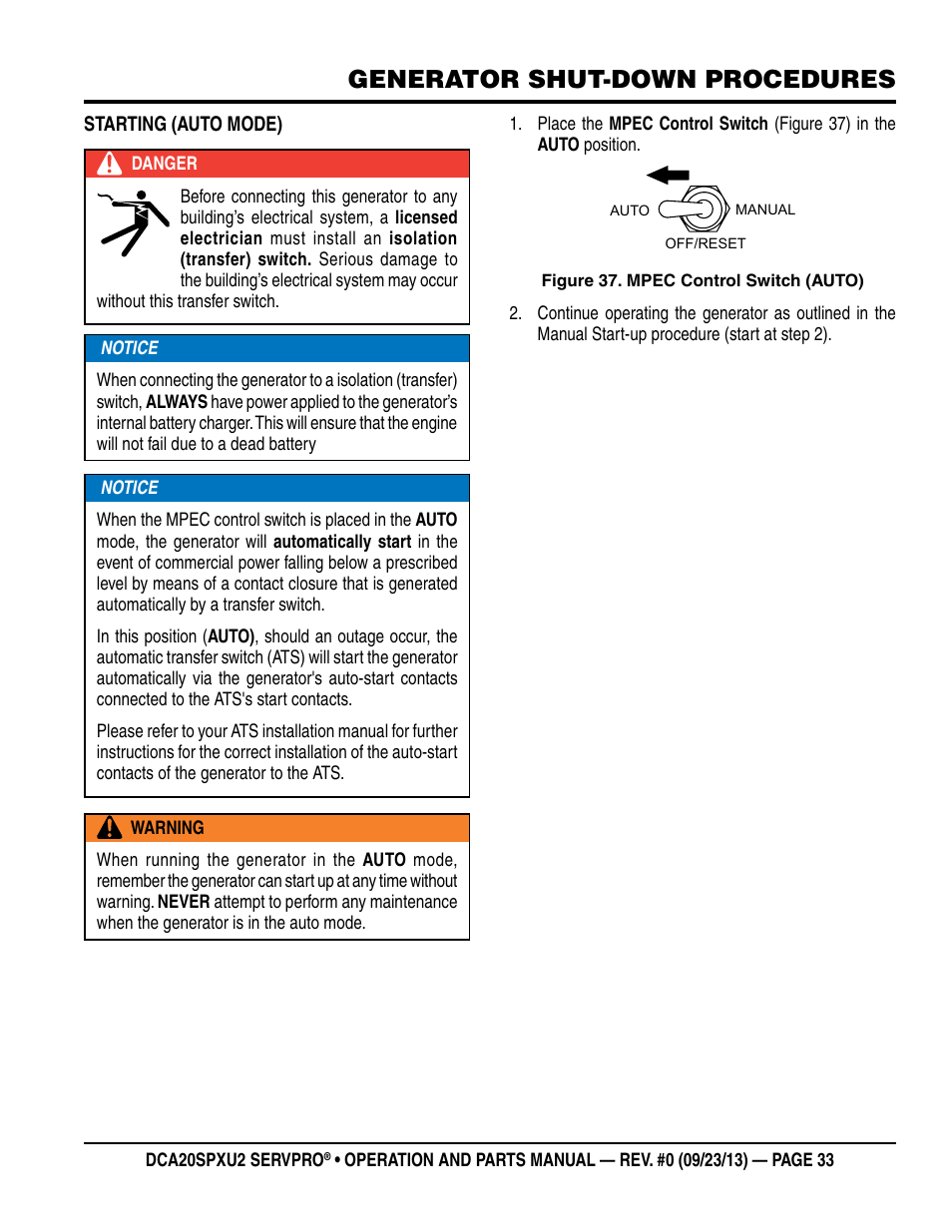 Generator shut-down procedures | Multiquip DCA20SPXU2 User Manual | Page 33 / 102