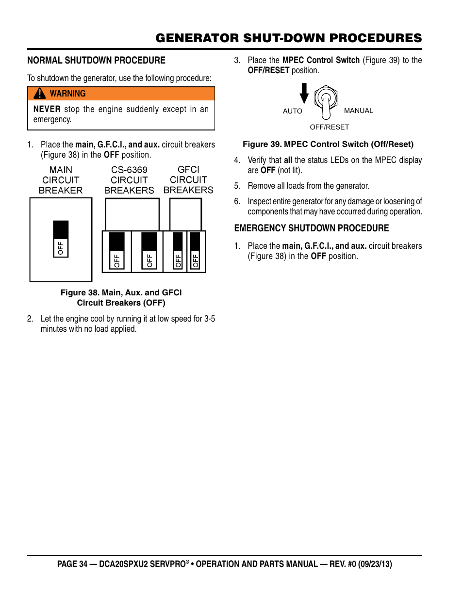 Generator shut-down procedures | Multiquip DCA20SPXU2 User Manual | Page 34 / 102
