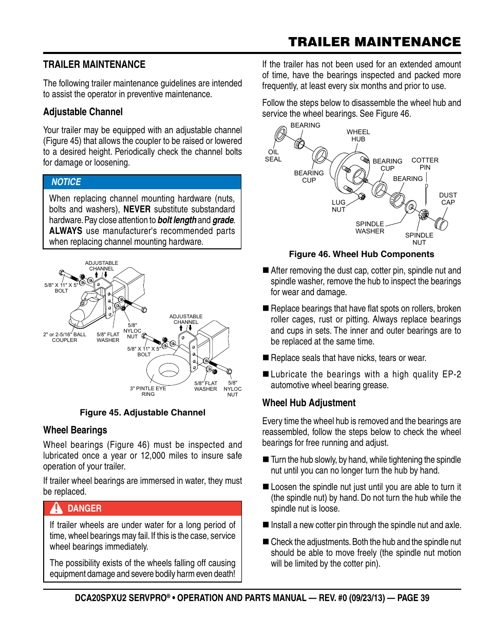 Trailer maintenance, Adjustable channel, Wheel bearings | Wheel hub adjustment | Multiquip DCA20SPXU2 User Manual | Page 39 / 102