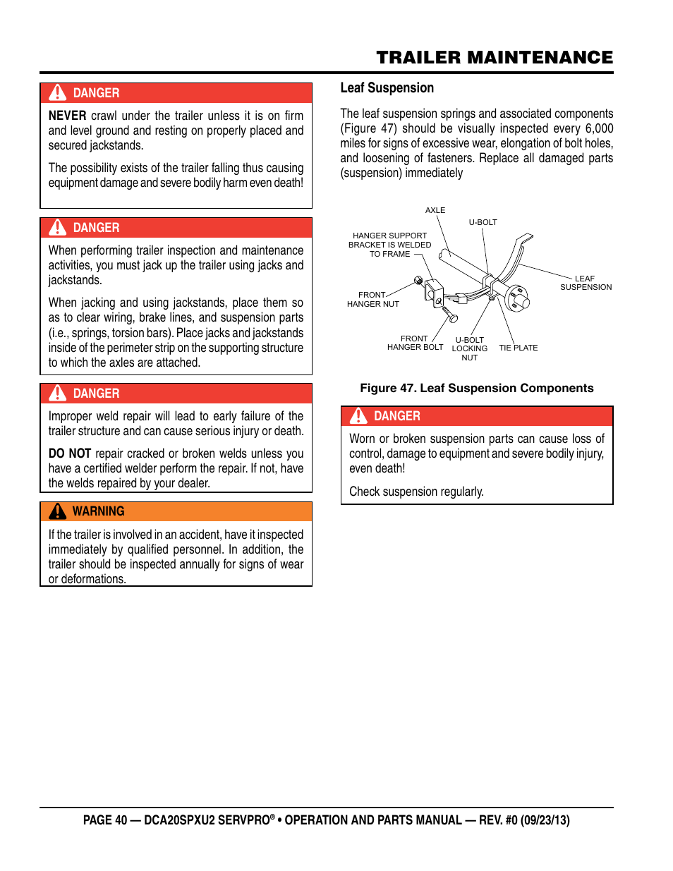 Trailer maintenance, Leaf suspension | Multiquip DCA20SPXU2 User Manual | Page 40 / 102