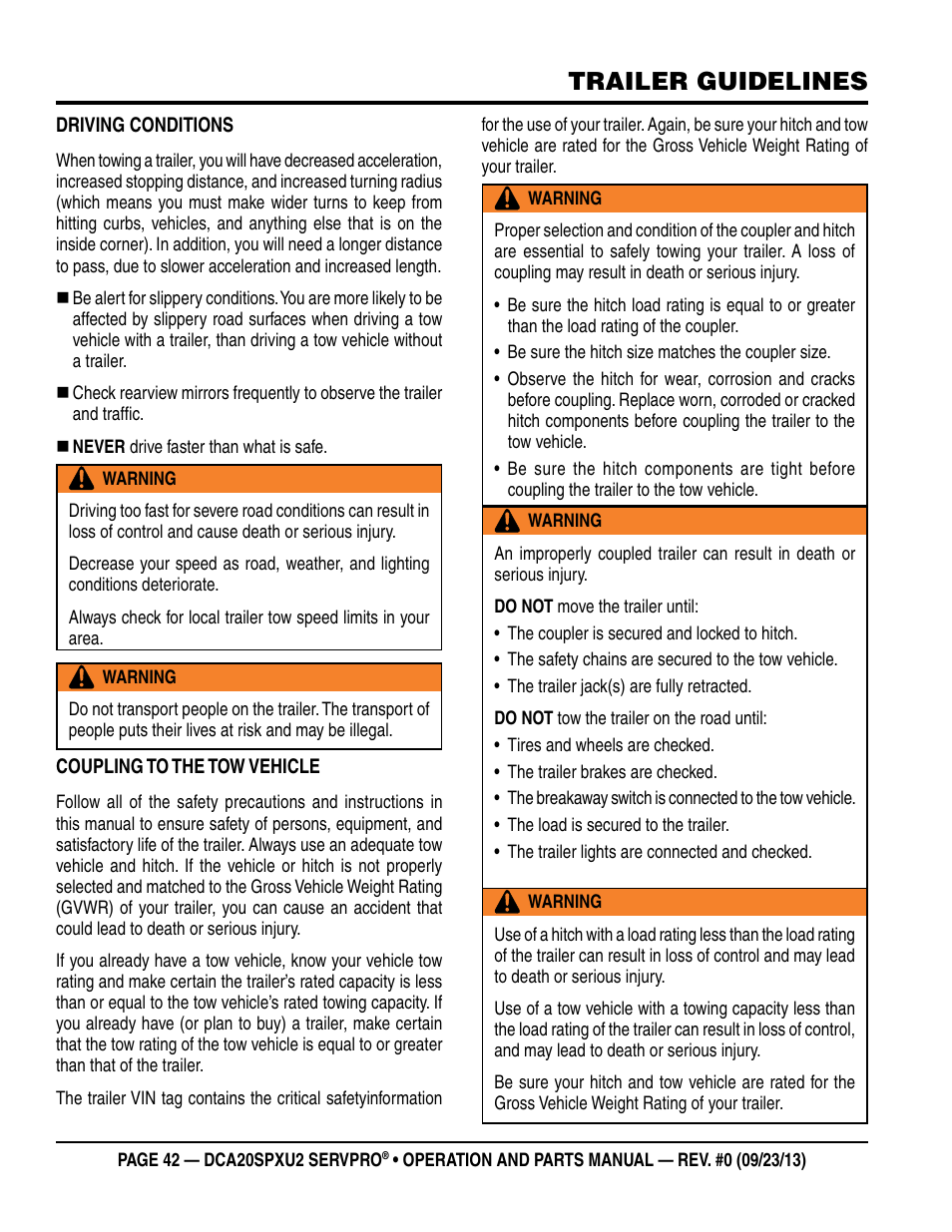 Trailer guidelines | Multiquip DCA20SPXU2 User Manual | Page 42 / 102