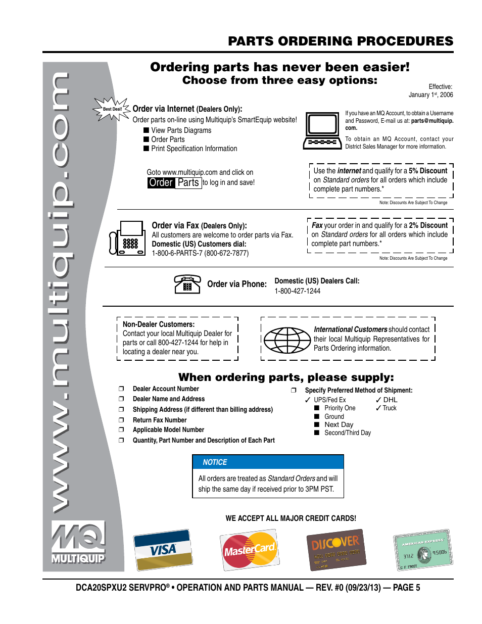 Parts ordering procedures, Ordering parts has never been easier, Choose from three easy options | When ordering parts, please supply, Order parts | Multiquip DCA20SPXU2 User Manual | Page 5 / 102