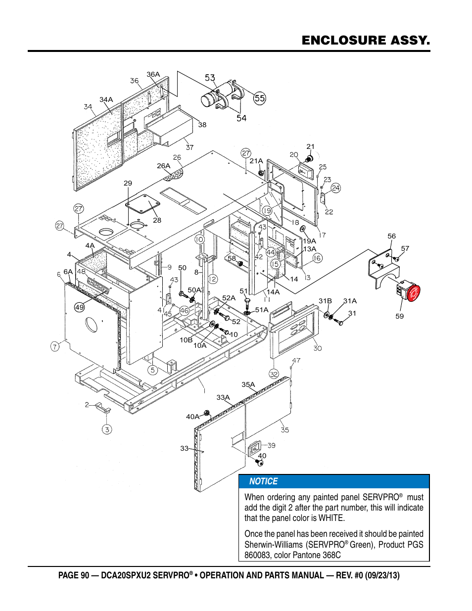 Enclosure assy, Notice when ordering any painted panel servpro | Multiquip DCA20SPXU2 User Manual | Page 90 / 102