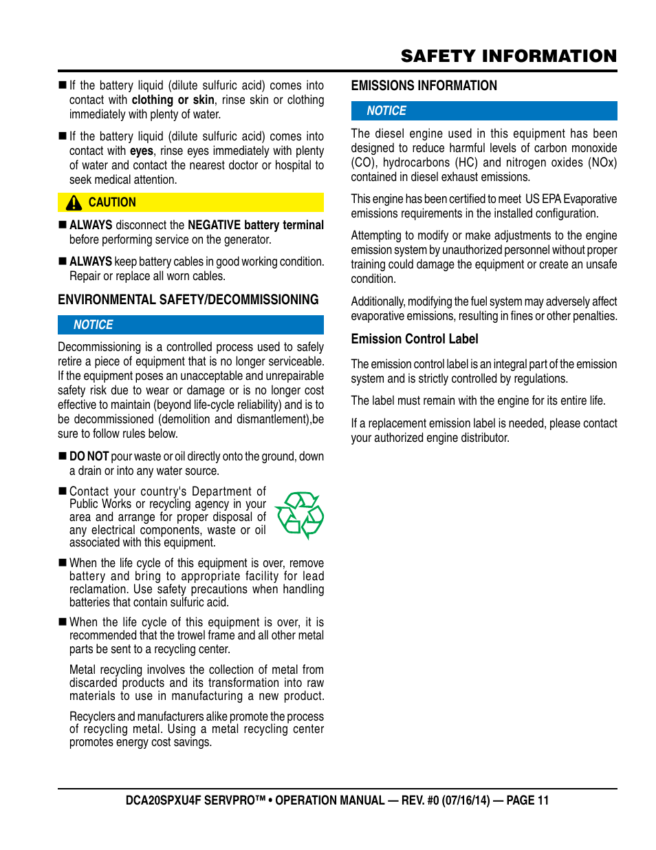 Safety information | Multiquip DCA20SPXU4F User Manual | Page 11 / 104