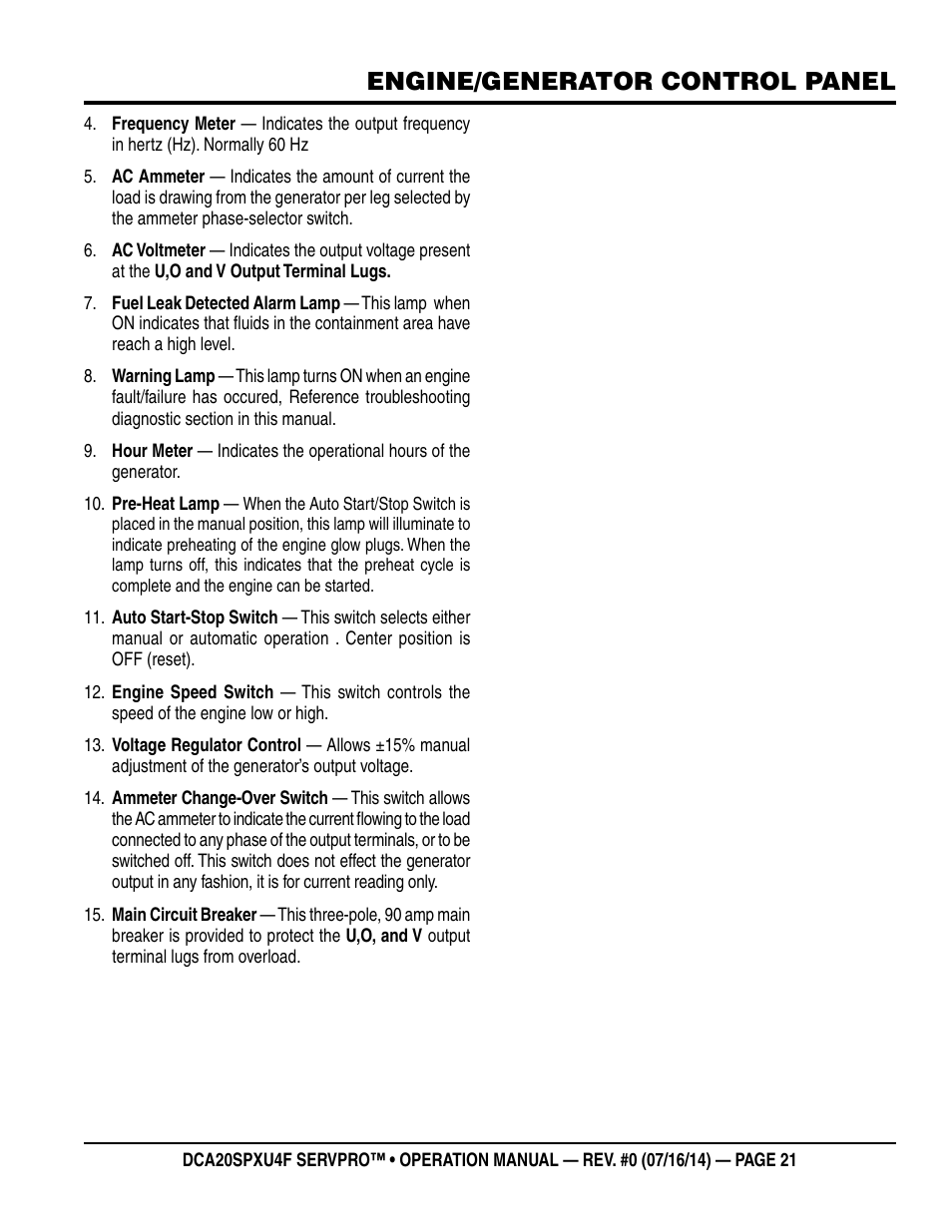 Engine/generator control panel | Multiquip DCA20SPXU4F User Manual | Page 21 / 104