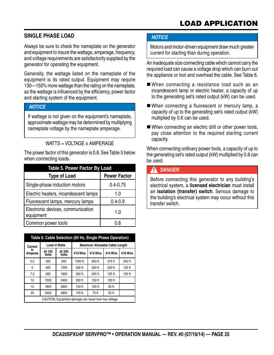 Load application, Single phase load | Multiquip DCA20SPXU4F User Manual | Page 25 / 104