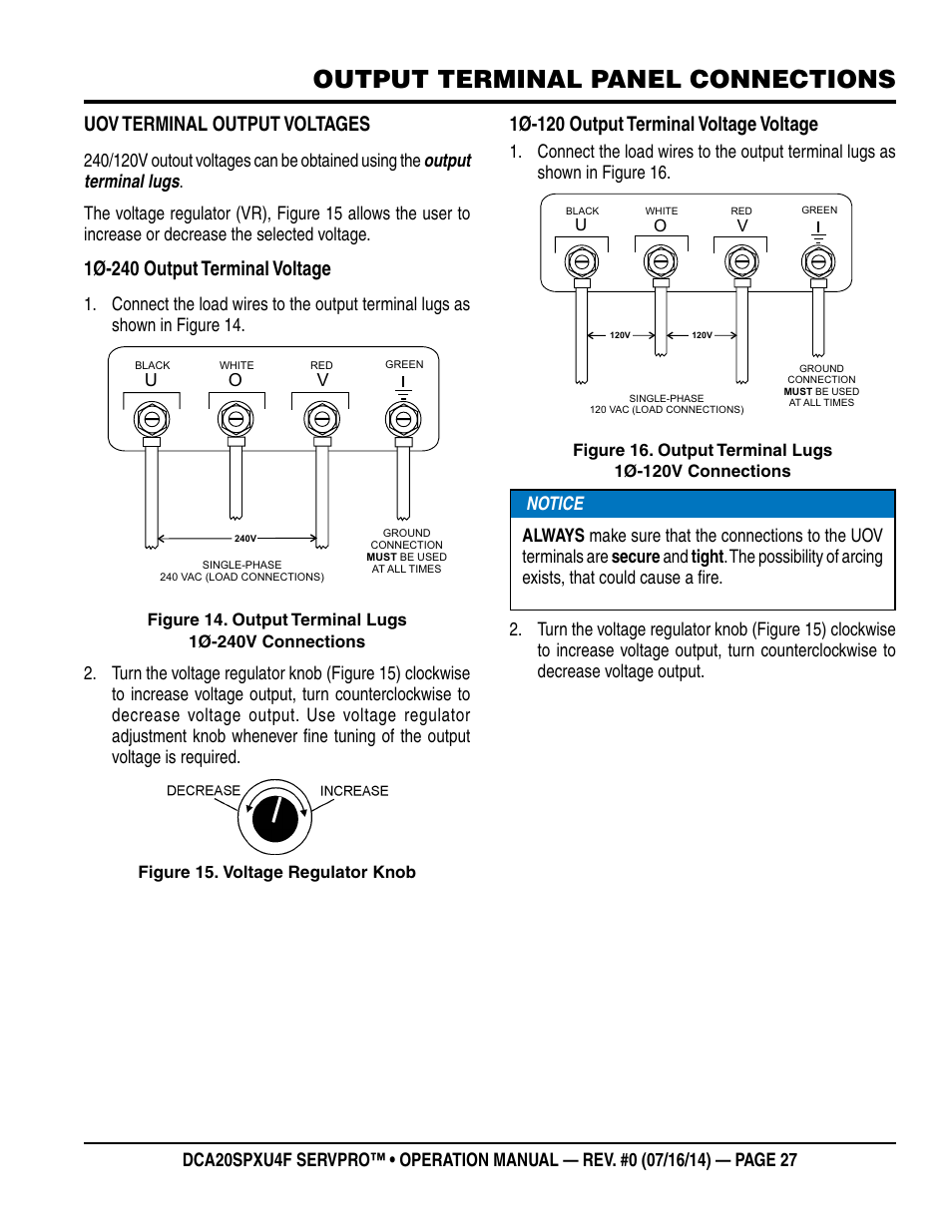 Output terminal panel connections, Uov terminal output voltages, 1ø-240 output terminal voltage | 1ø-120 output terminal voltage voltage | Multiquip DCA20SPXU4F User Manual | Page 27 / 104