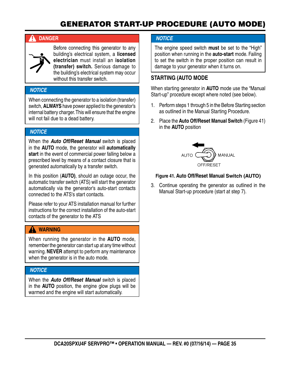 Generator start-up procedure (auto mode) | Multiquip DCA20SPXU4F User Manual | Page 35 / 104