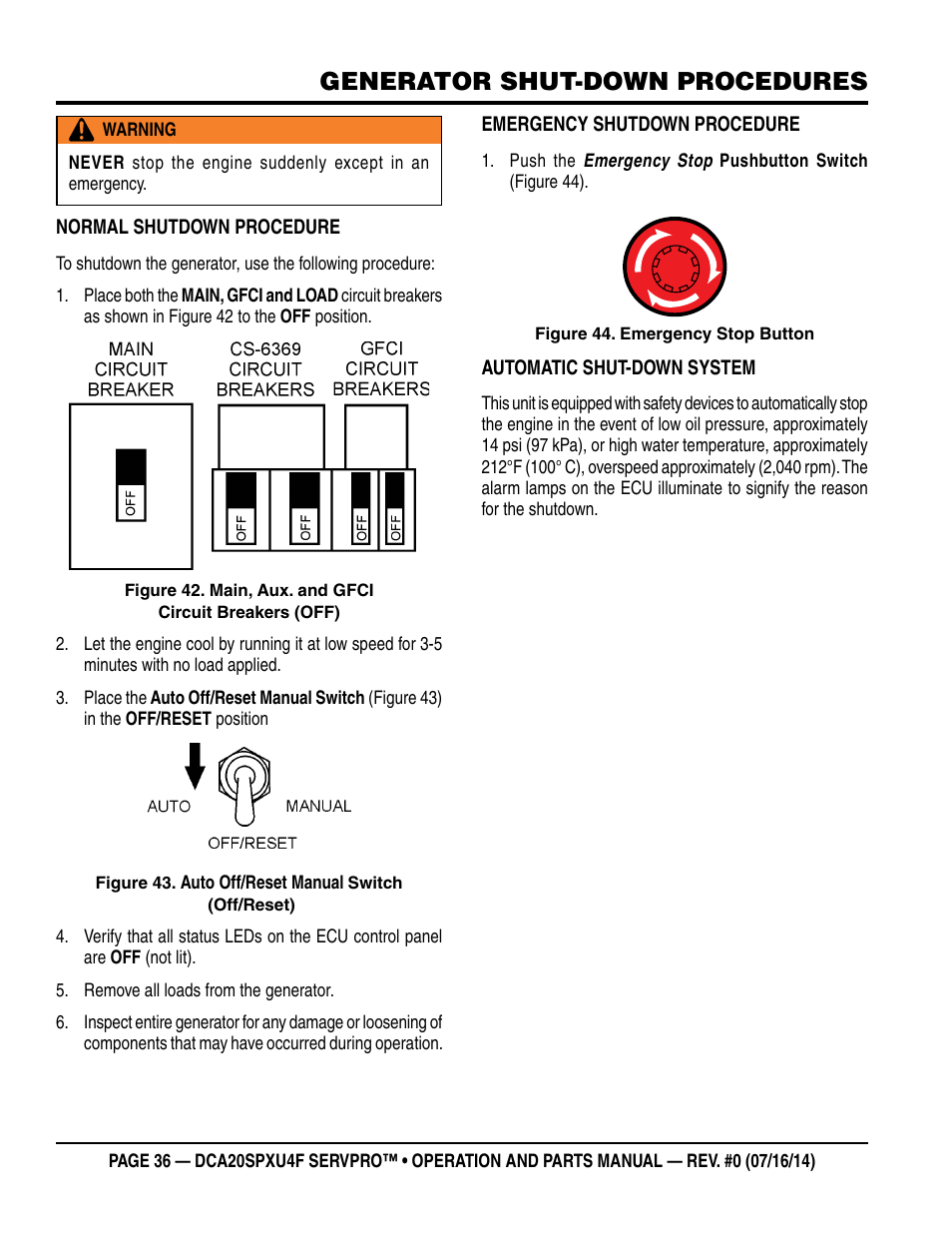 Generator shut-down procedures | Multiquip DCA20SPXU4F User Manual | Page 36 / 104